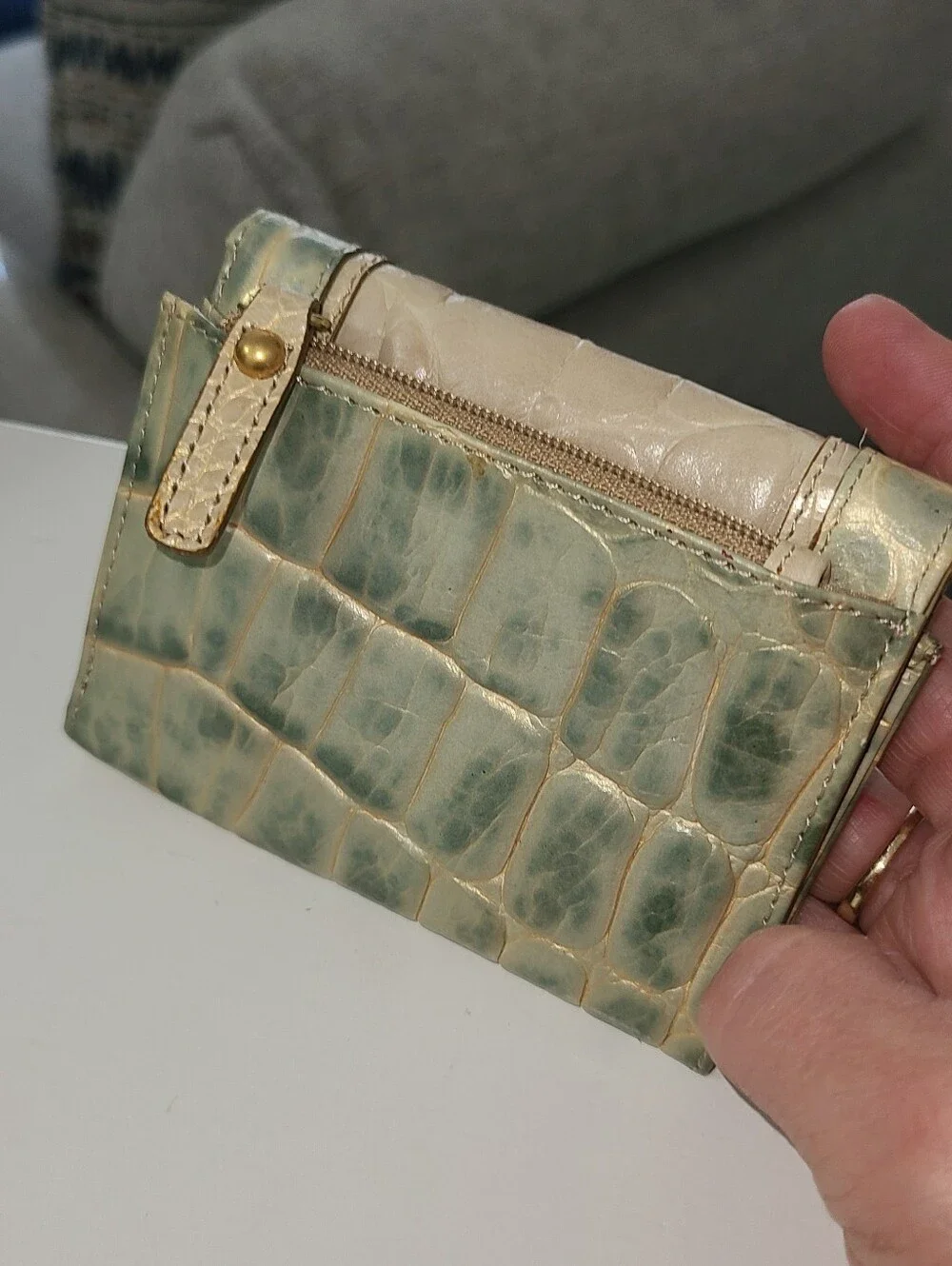 Brahmin Croc-Embossed Compact Wallet in Sage Green And Ivory